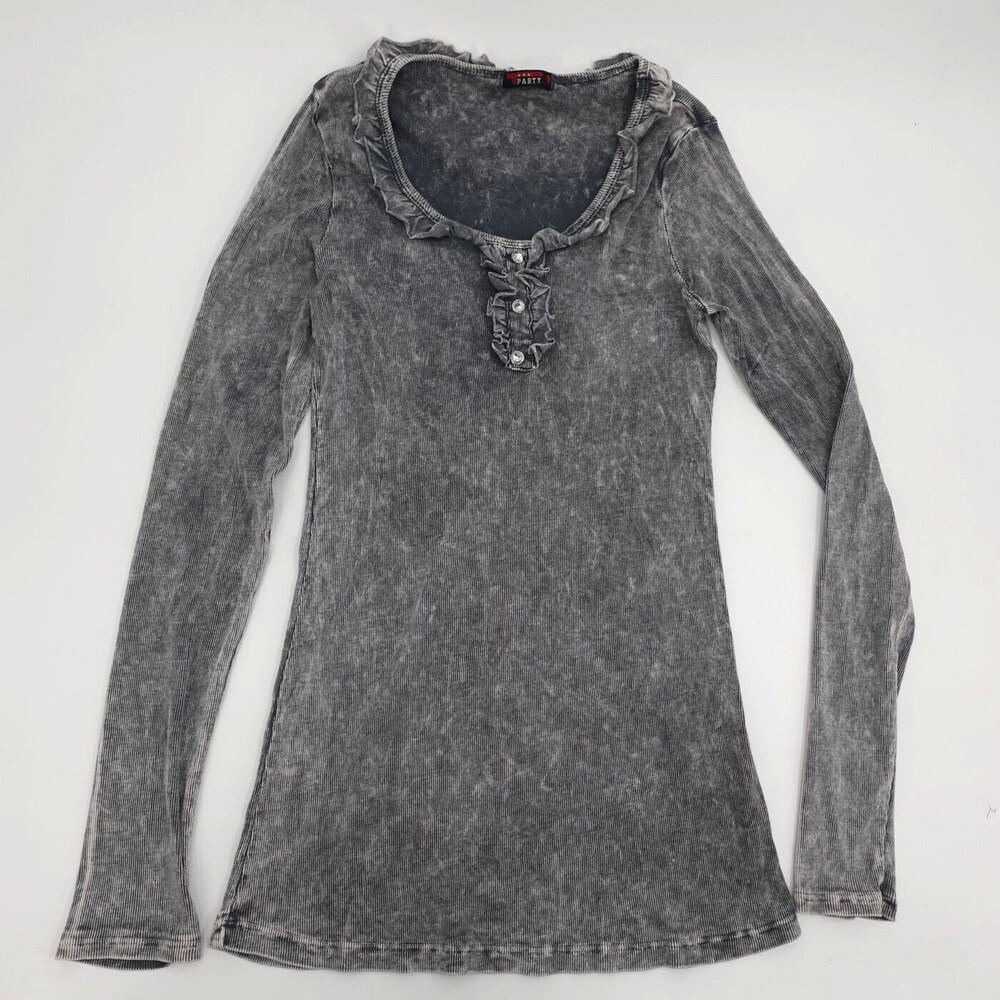 T Party Womens Top Large Gray Ruffle Henley Mineral Wash Ribbed Long Sleeve Knit